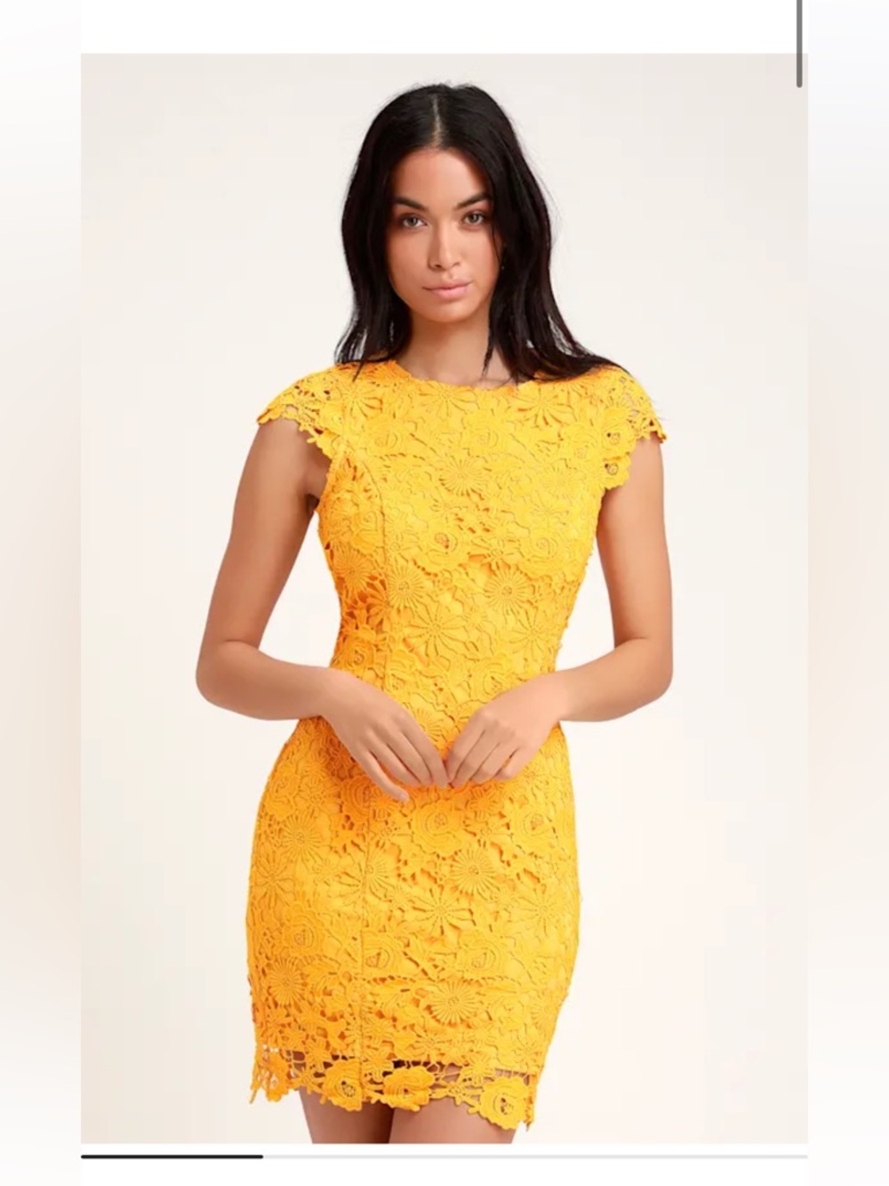 Lulu's Romance Language Golden Yellow Backless Lace Dress, size small